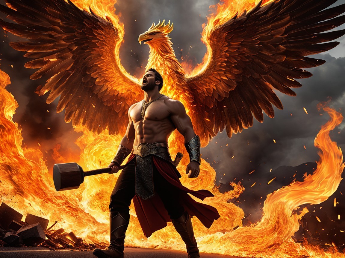 Muscular Warrior with Hammer Surrounded by Flames