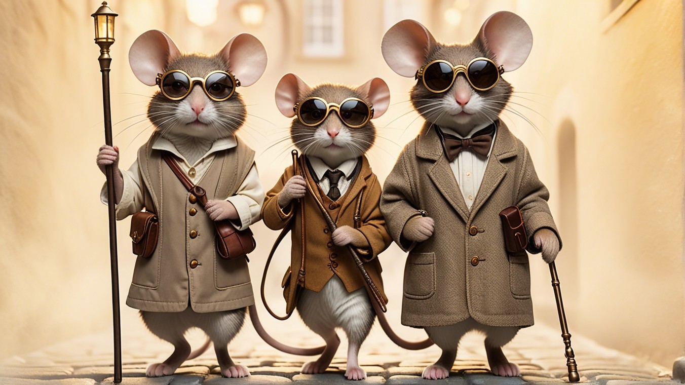 Stylish Mice in Elegant Clothing on Cobblestone Street