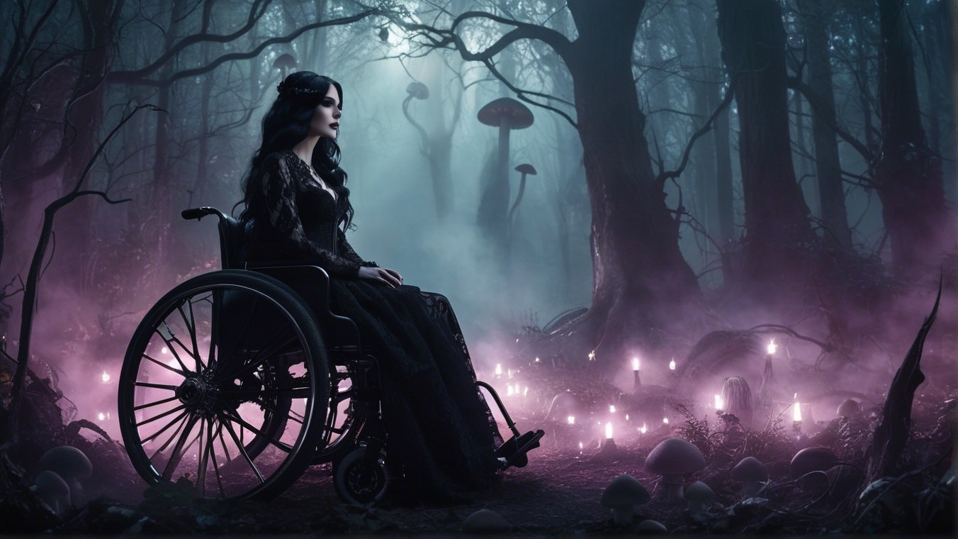 Woman in Wheelchair Surrounded by Luminous Mushrooms
