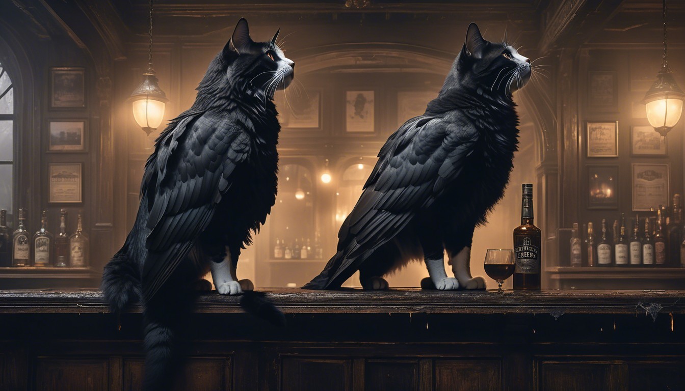 Black Cats with Wings in a Cozy Bar Setting