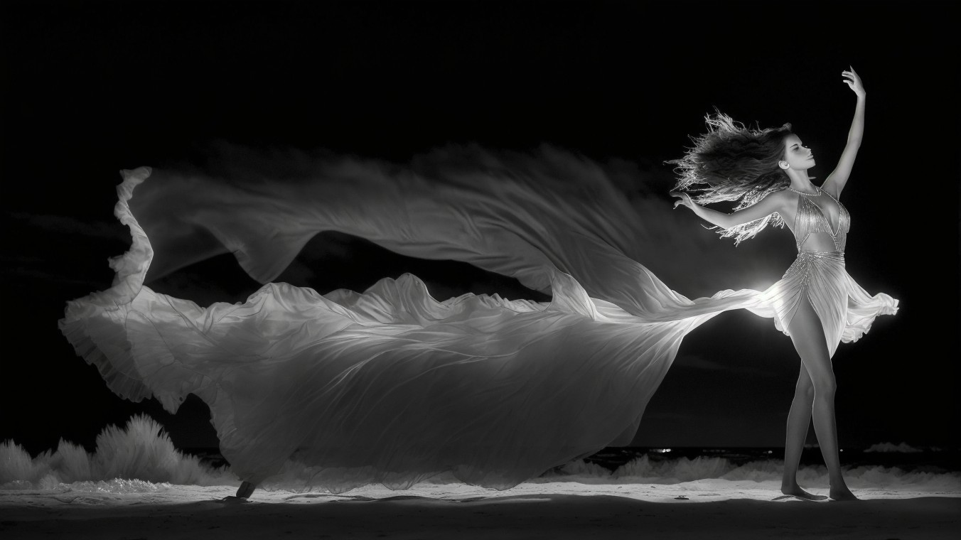Graceful Dance in White Gown: Black-and-White Photo