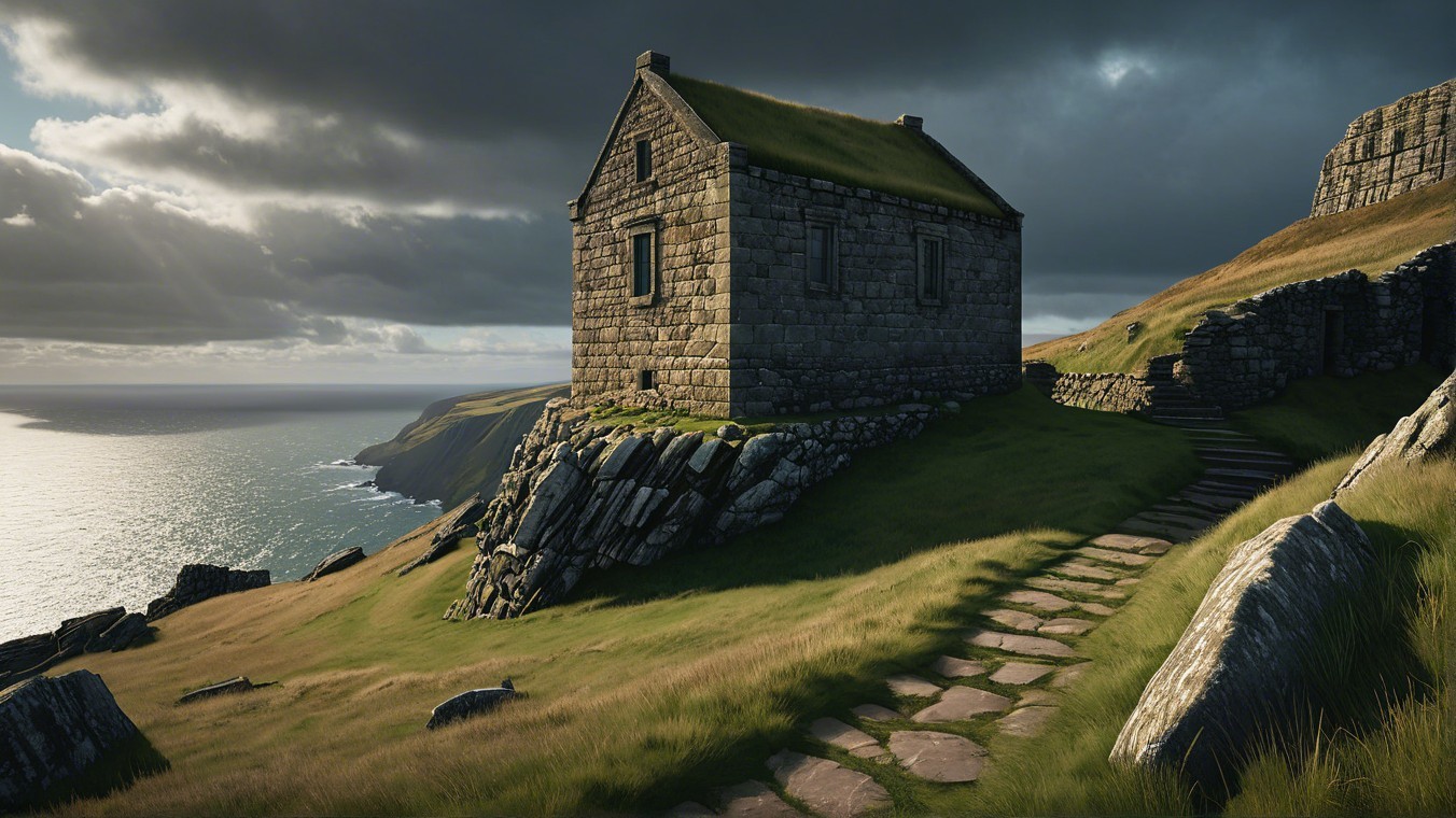 Stone Dwelling on Hill Overlooking Water and Sky