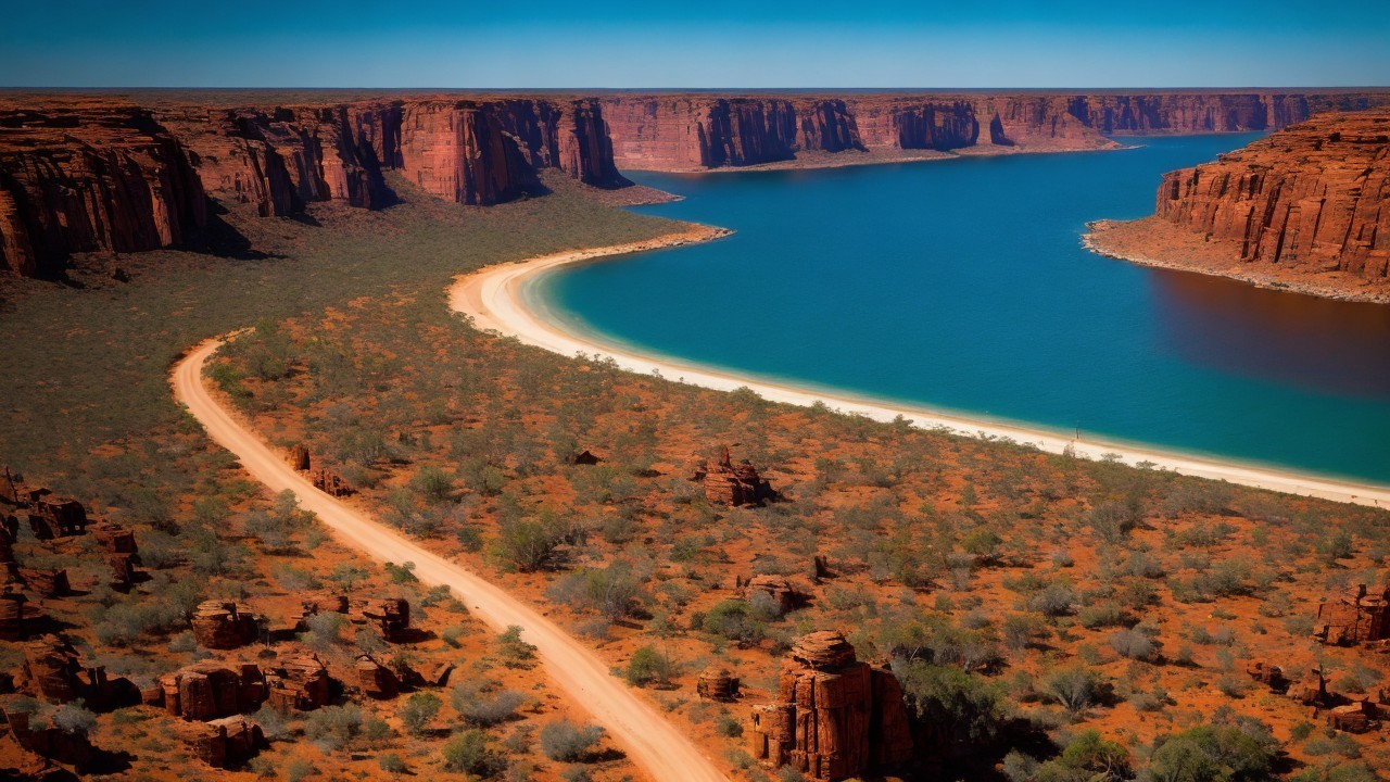 Winding River Amidst Red Rock Formations and Cliffs