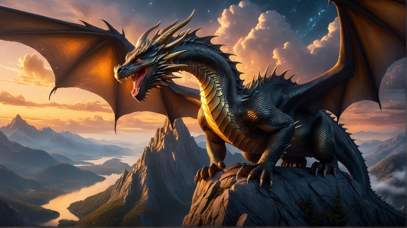 Black dragon on cliff at sunset with vibrant landscape