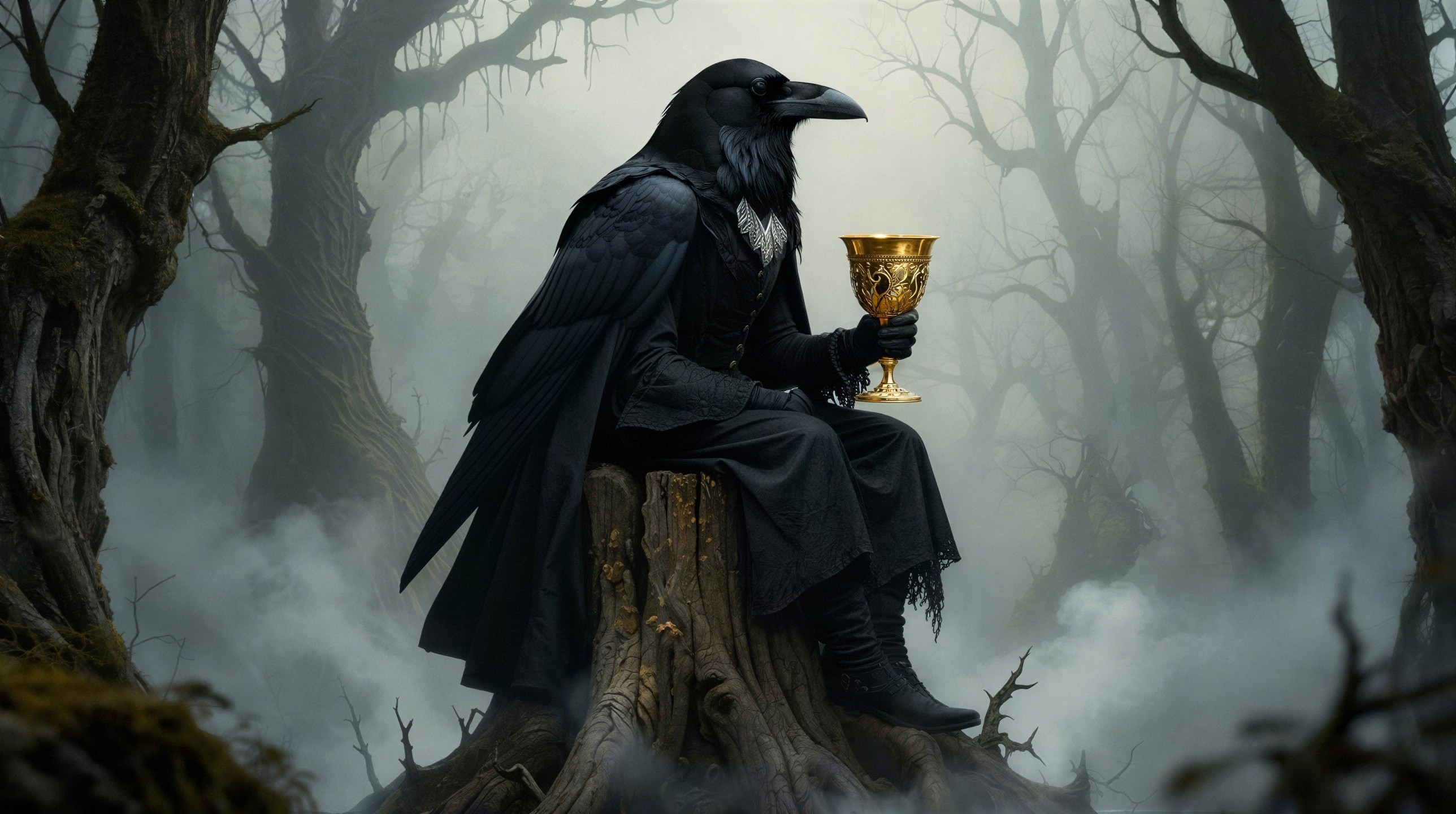 Fantasy Illustration of a Raven in Dark Forest Setting