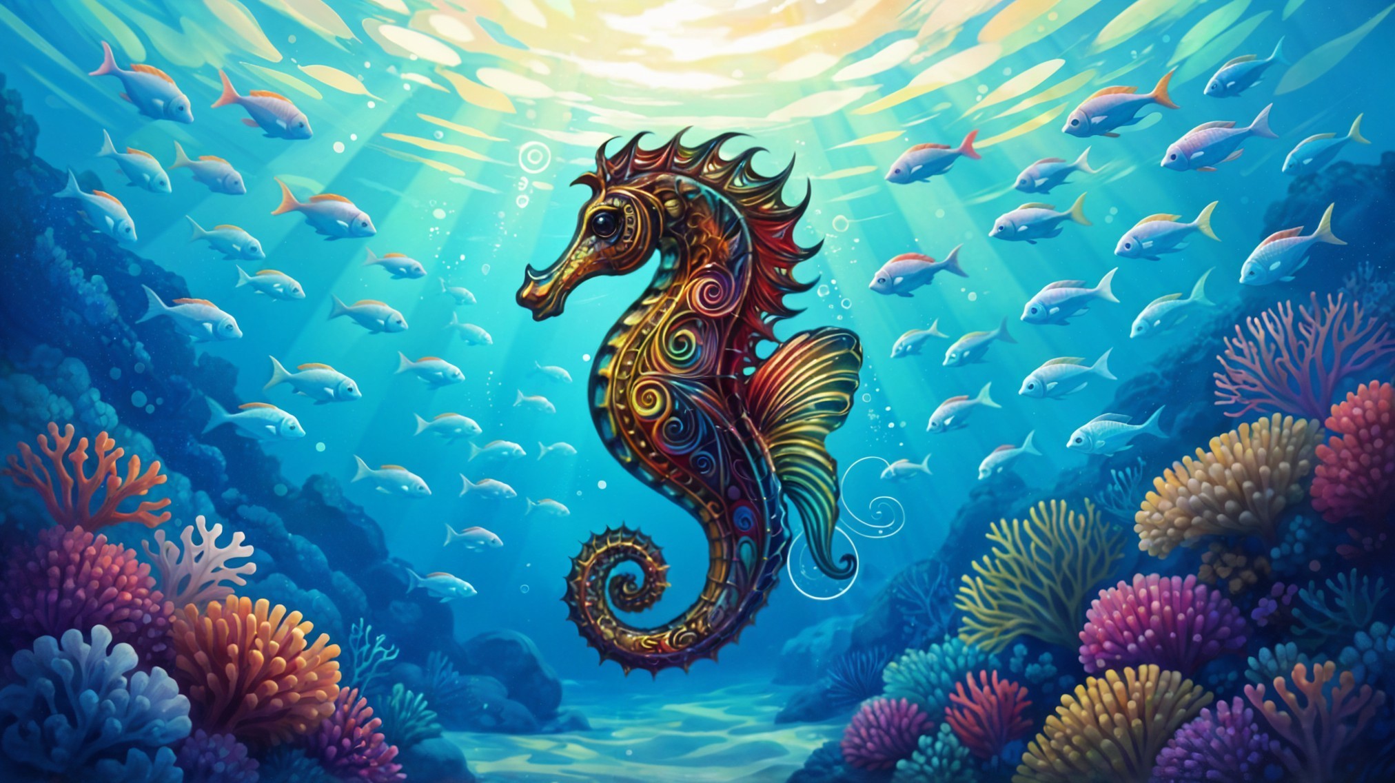 Vibrant Underwater Scene with Seahorse and Fish
