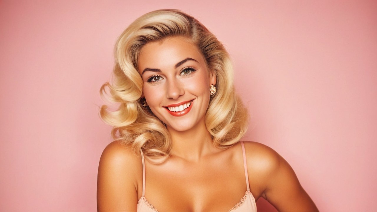 Young woman with blonde curls in soft pink background