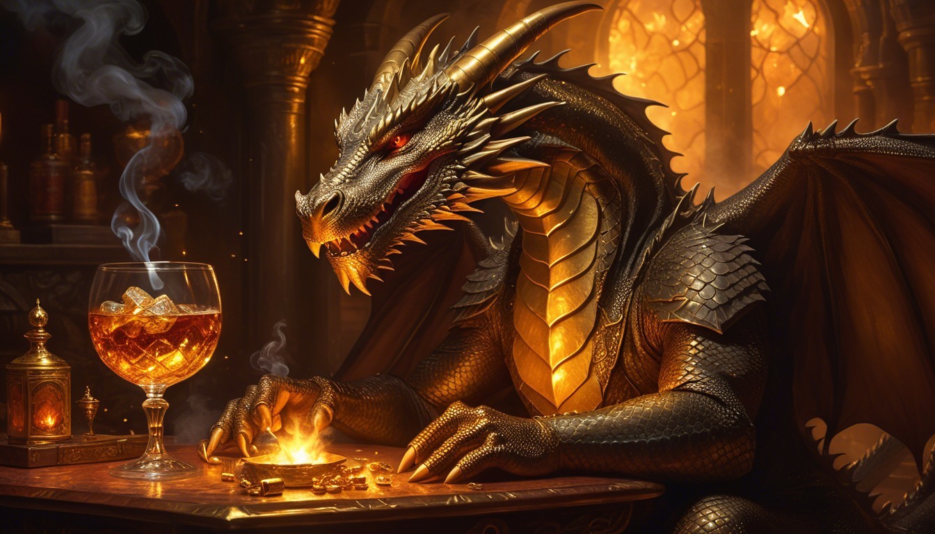 Majestic dragon in opulent chamber with gold coins