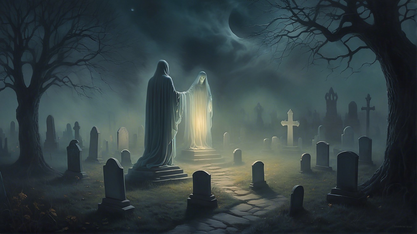 Ethereal Figures in a Misty Graveyard at Night