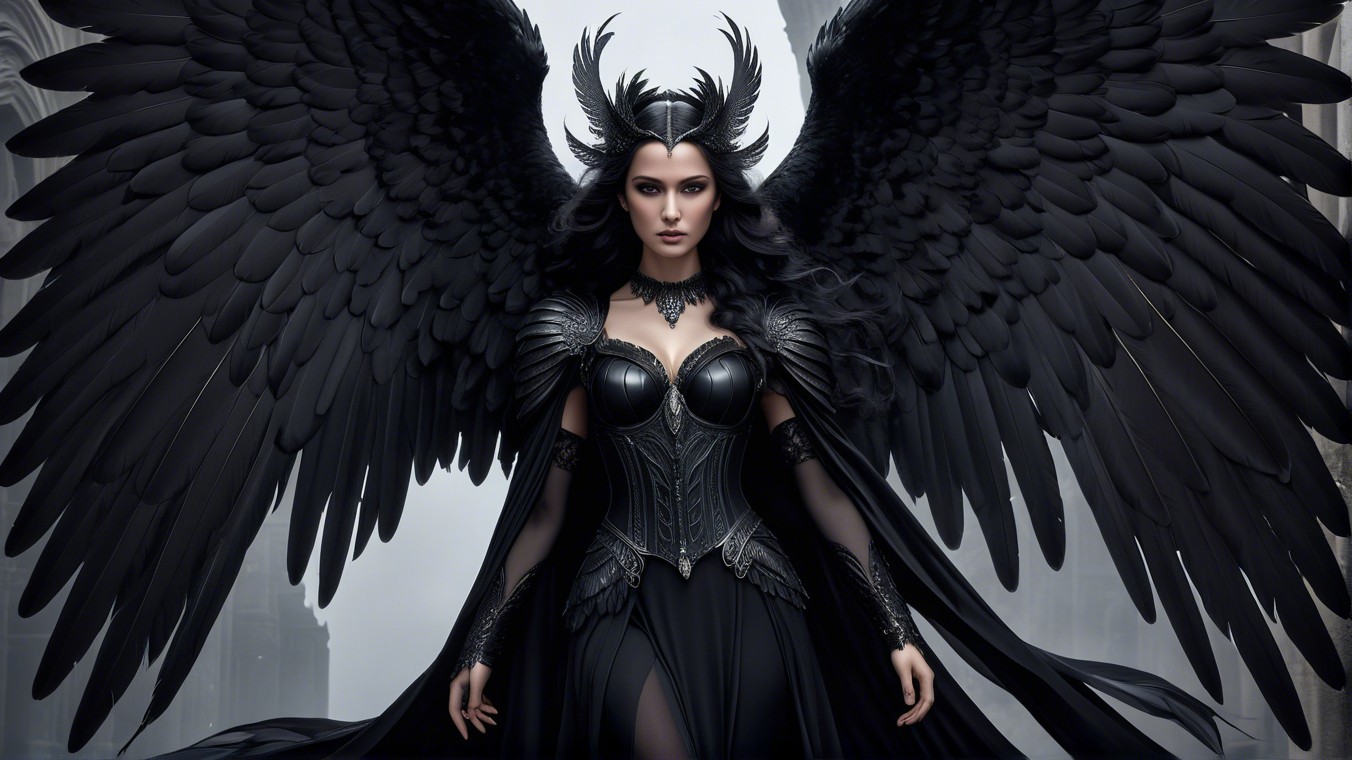 Majestic figure in black gown and feathery wings
