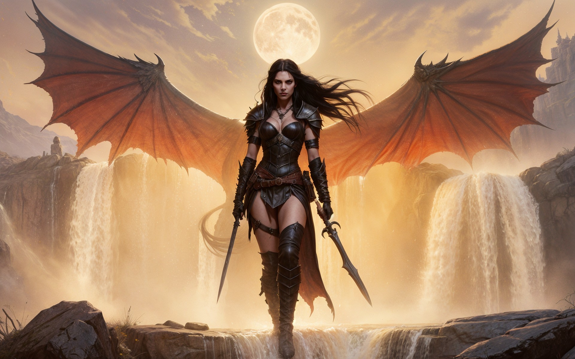 Warrior with Black Wings by Cascading Waterfalls