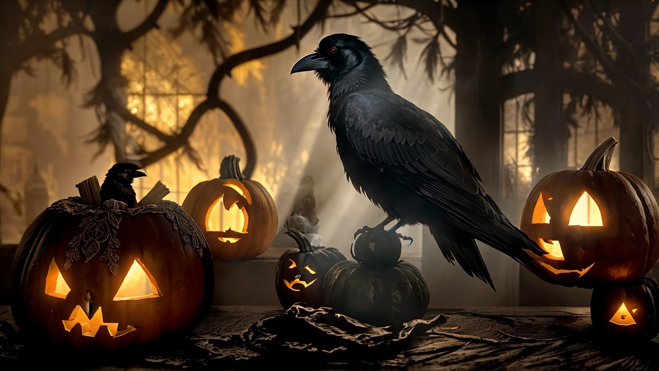 Crow on Pumpkin in Spooky Halloween Setting