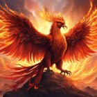 Majestic phoenix on jagged rocks with fiery wings