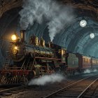 Vintage Steam Locomotive in Dimly Lit Tunnel