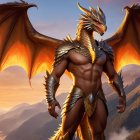Majestic dragon warrior in golden armor against mountains