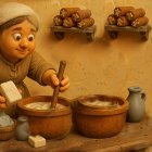 Cozy Kitchen Scene with Woman Cooking and Ingredients