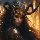 Dystopian Figure in Ornate Dark Armor and Horned Headdress