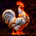 Majestic white rooster illuminated by orange flames