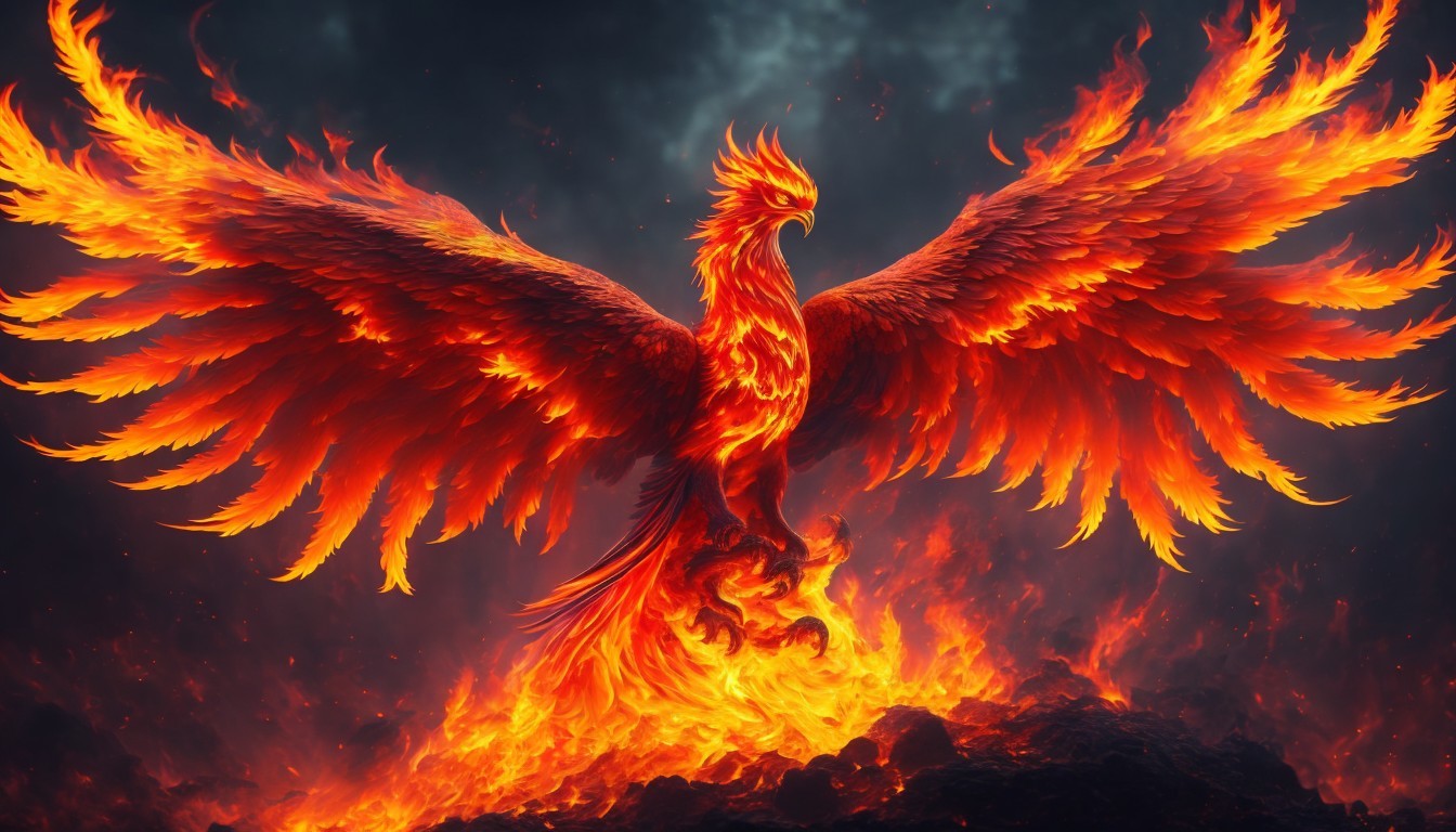 Phoenix Rising from Flames with Vibrant Feathers