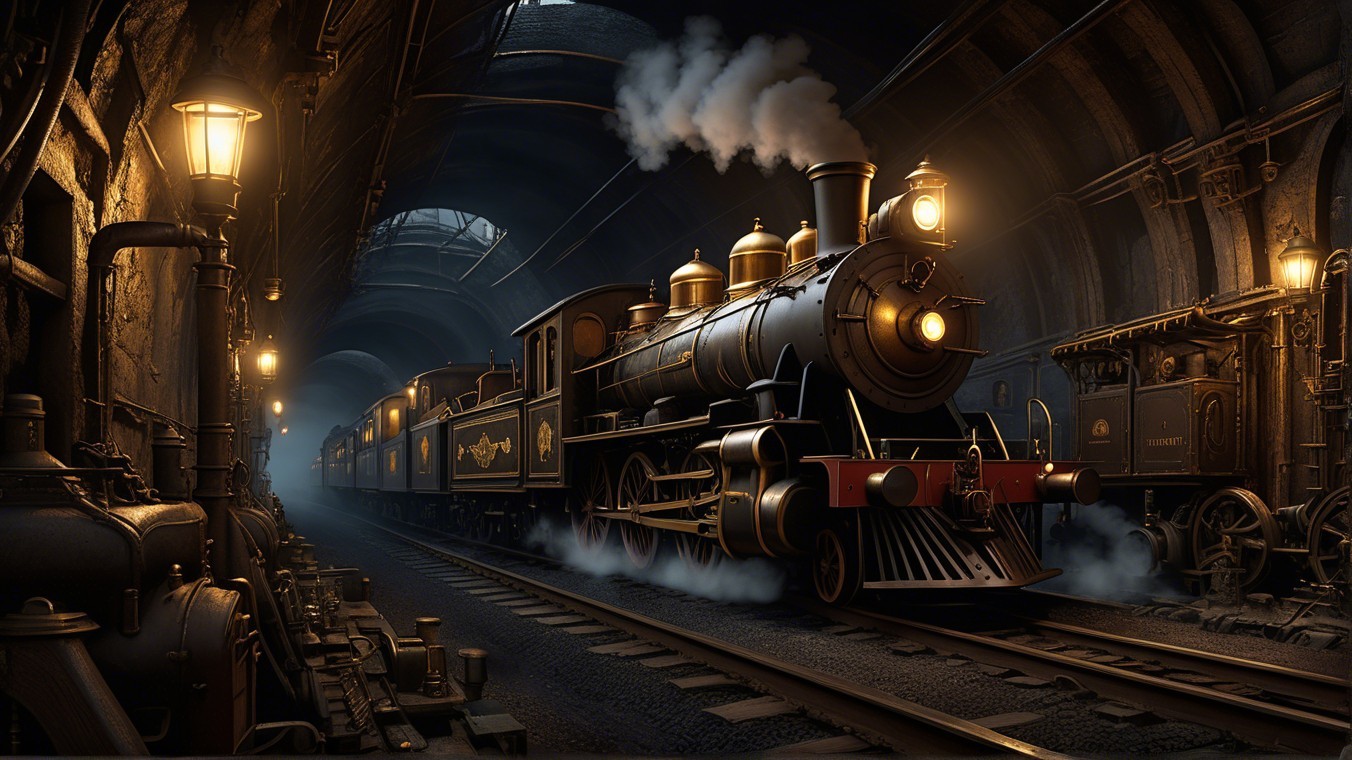 Vintage steam locomotive in an underground tunnel setting