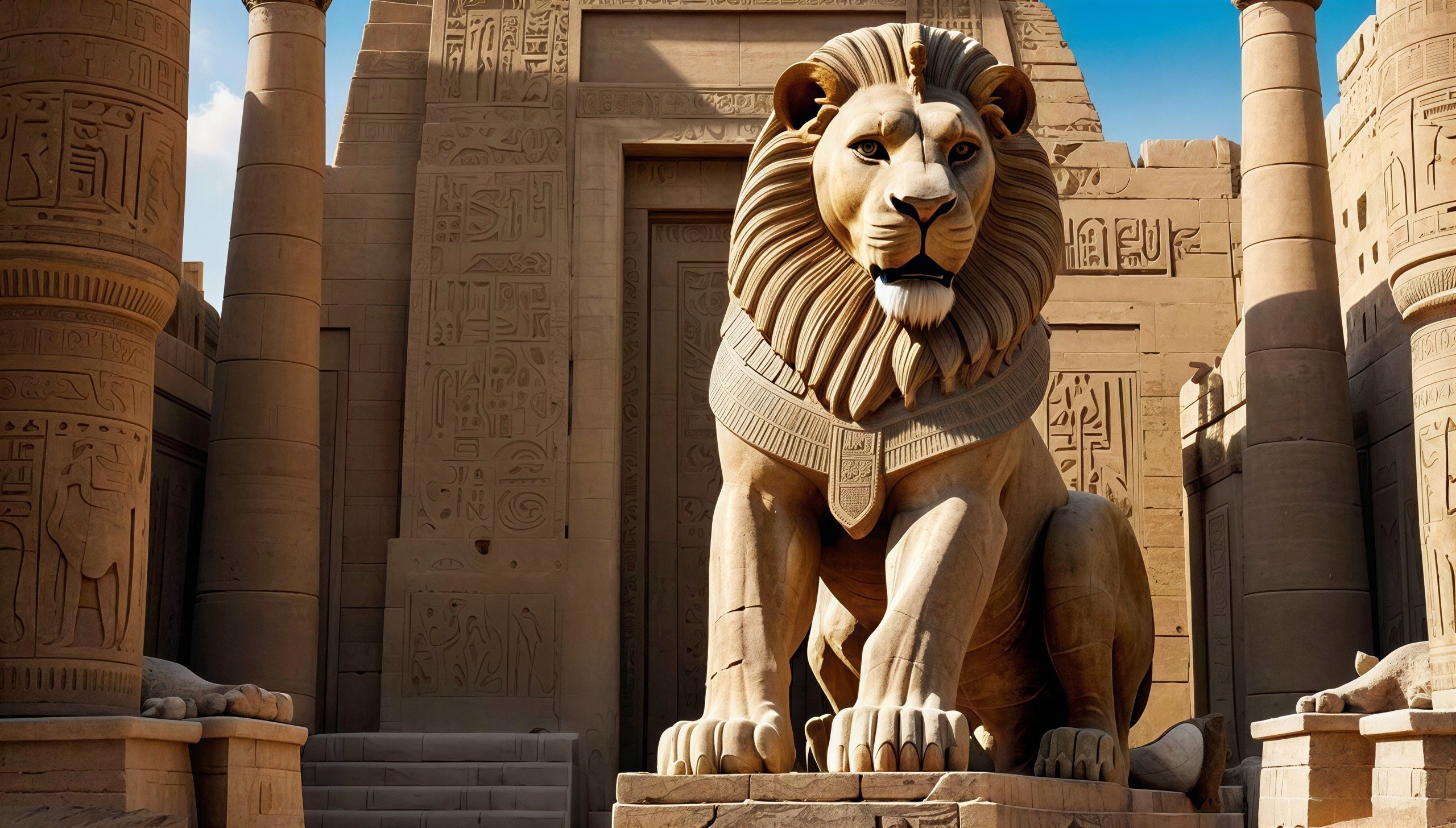 Seated Egyptian Sphinx with Hieroglyphic Pillars