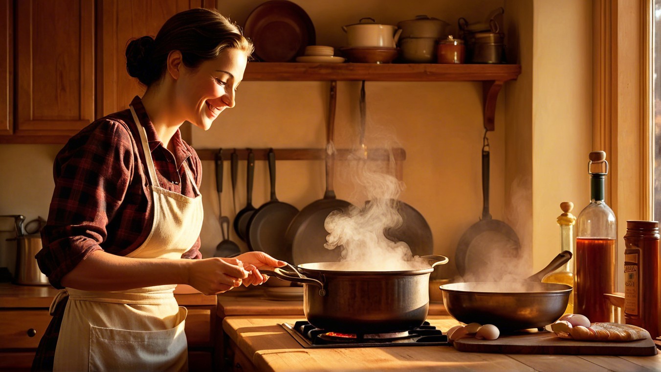 Cozy Kitchen Scene with Woman Cooking and Sunlight