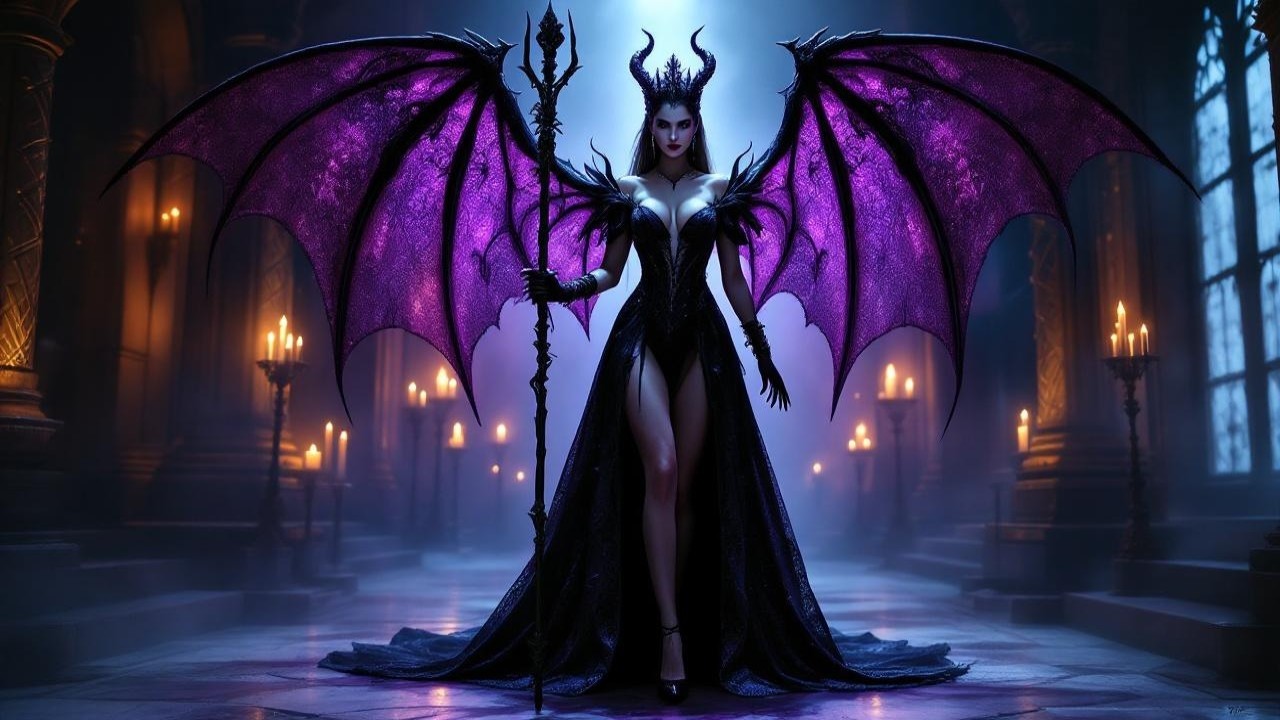 Powerful figure in dark gown with majestic wings