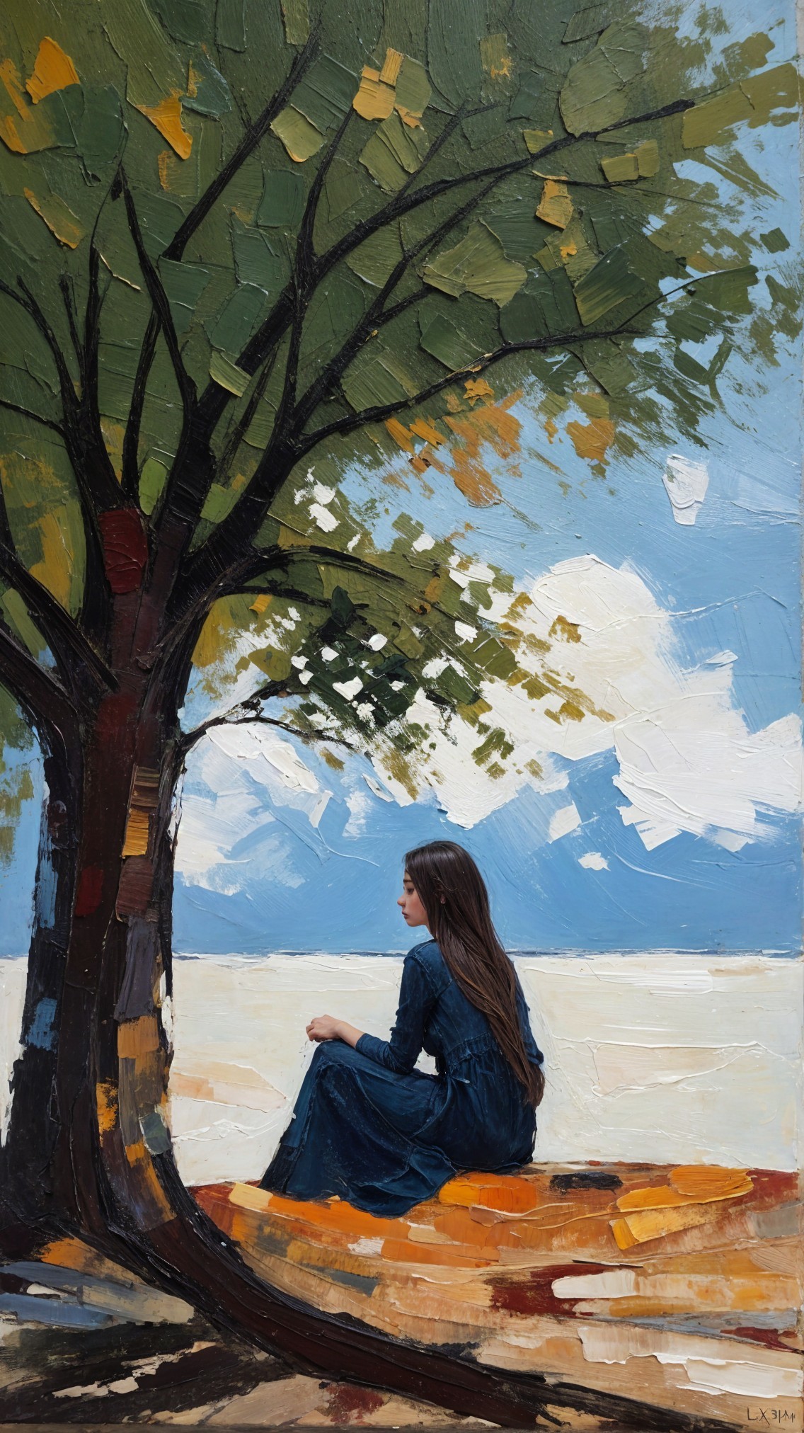 Serene landscape with a woman under a large tree