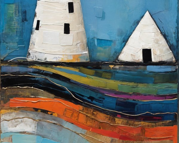 Geometric Lighthouse Structures Against Vibrant Sky