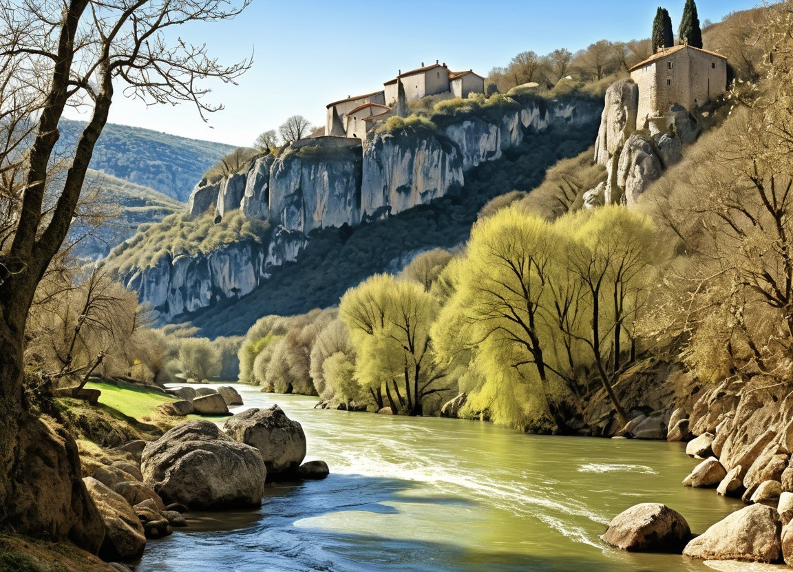 Serene Landscape with River and Historic Buildings
