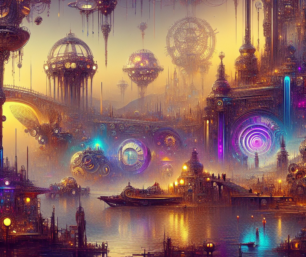Futuristic Cityscape with Steampunk and Fantasy Elements