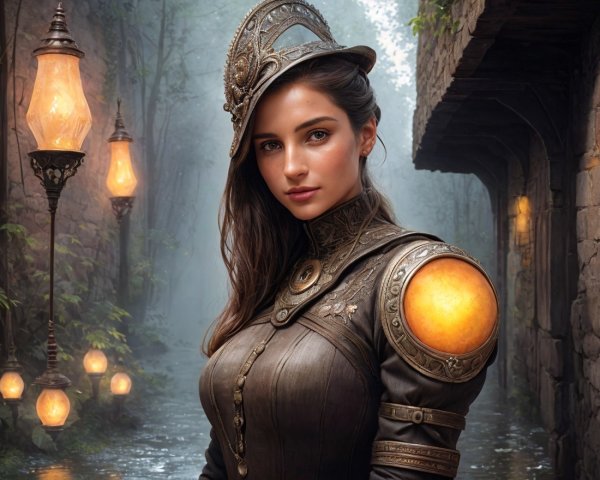 Portrait of Young Woman in Intricate Armor with Lanterns