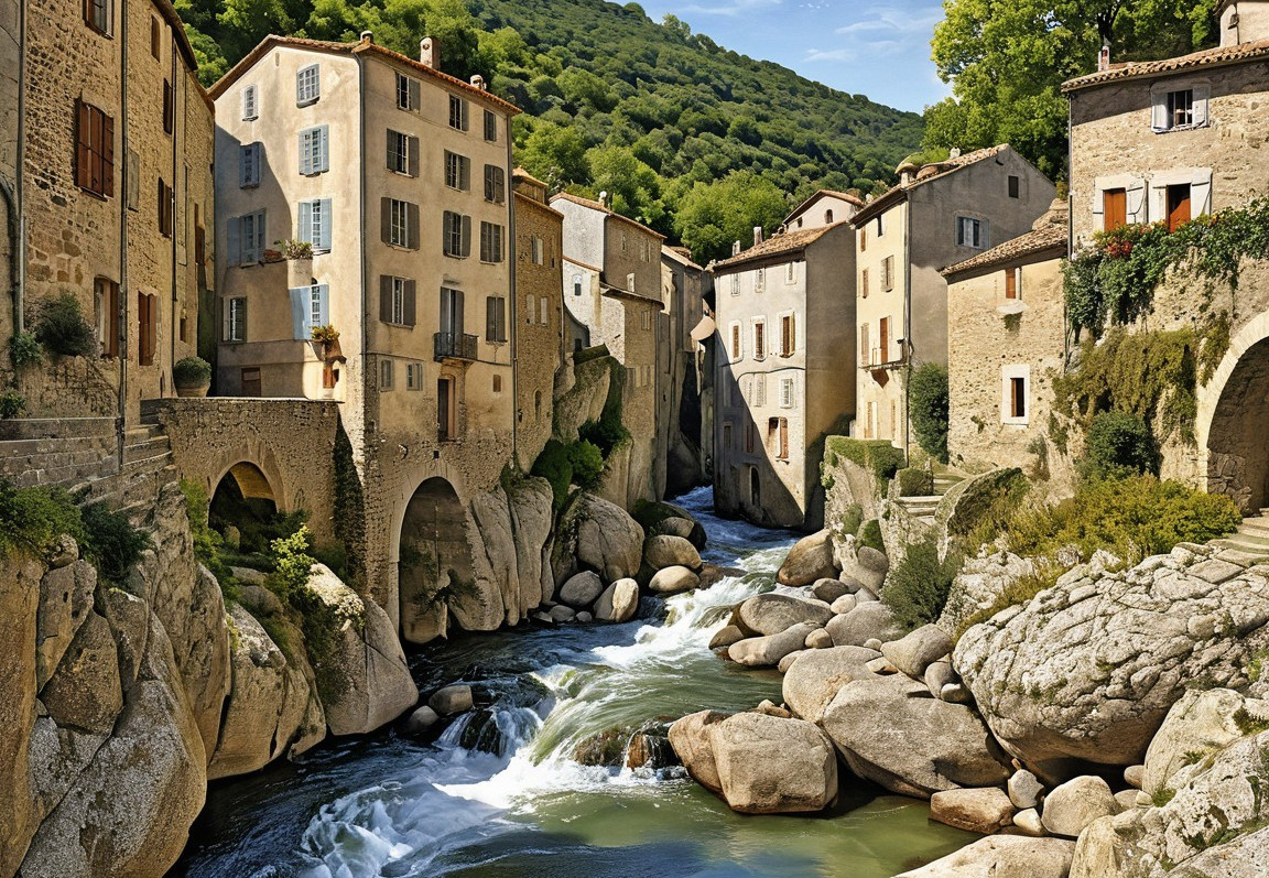 Picturesque Village with Stone Buildings and River