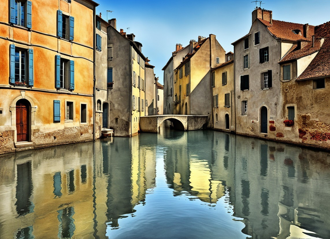 Serene canal with old buildings and arch bridge