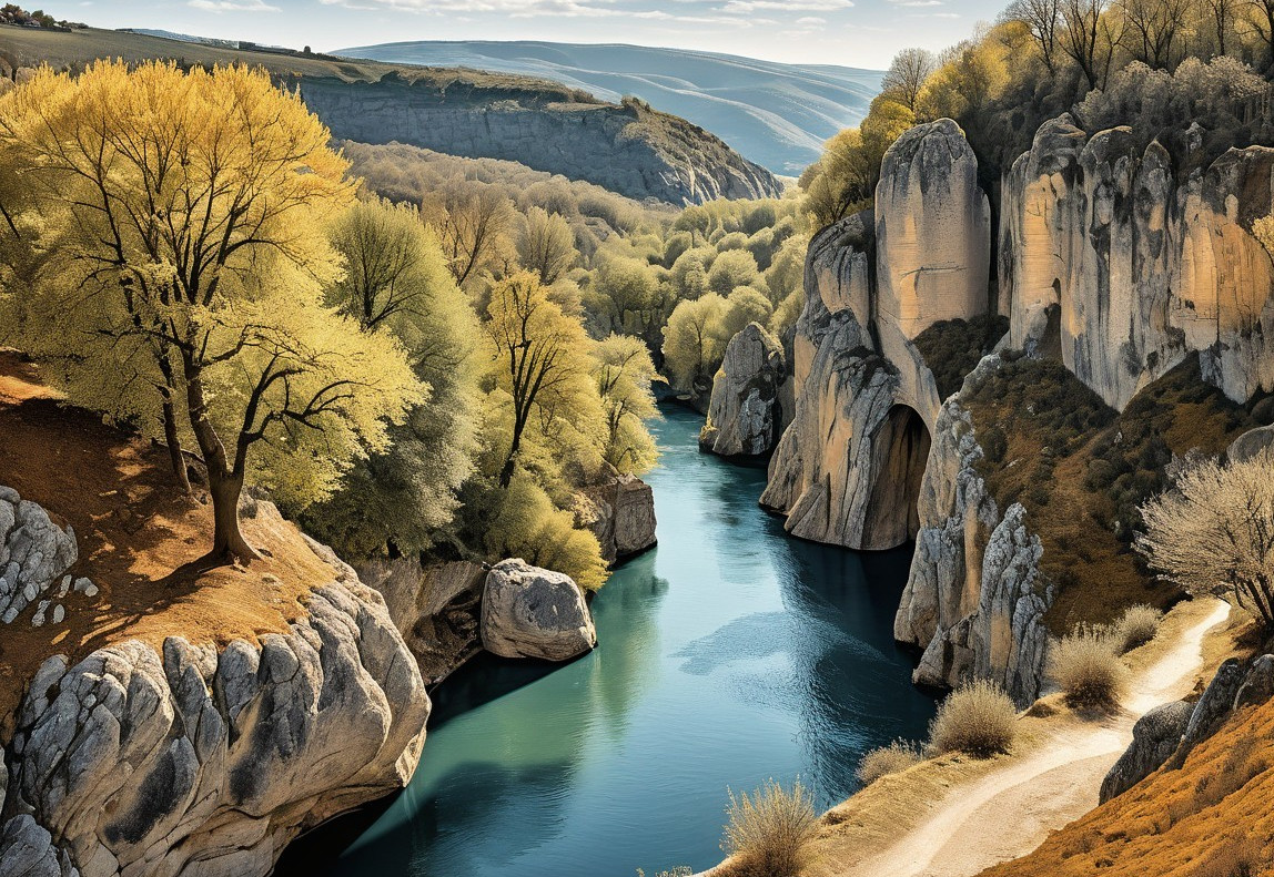 Lush Canyon with Serene River and Towering Cliffs