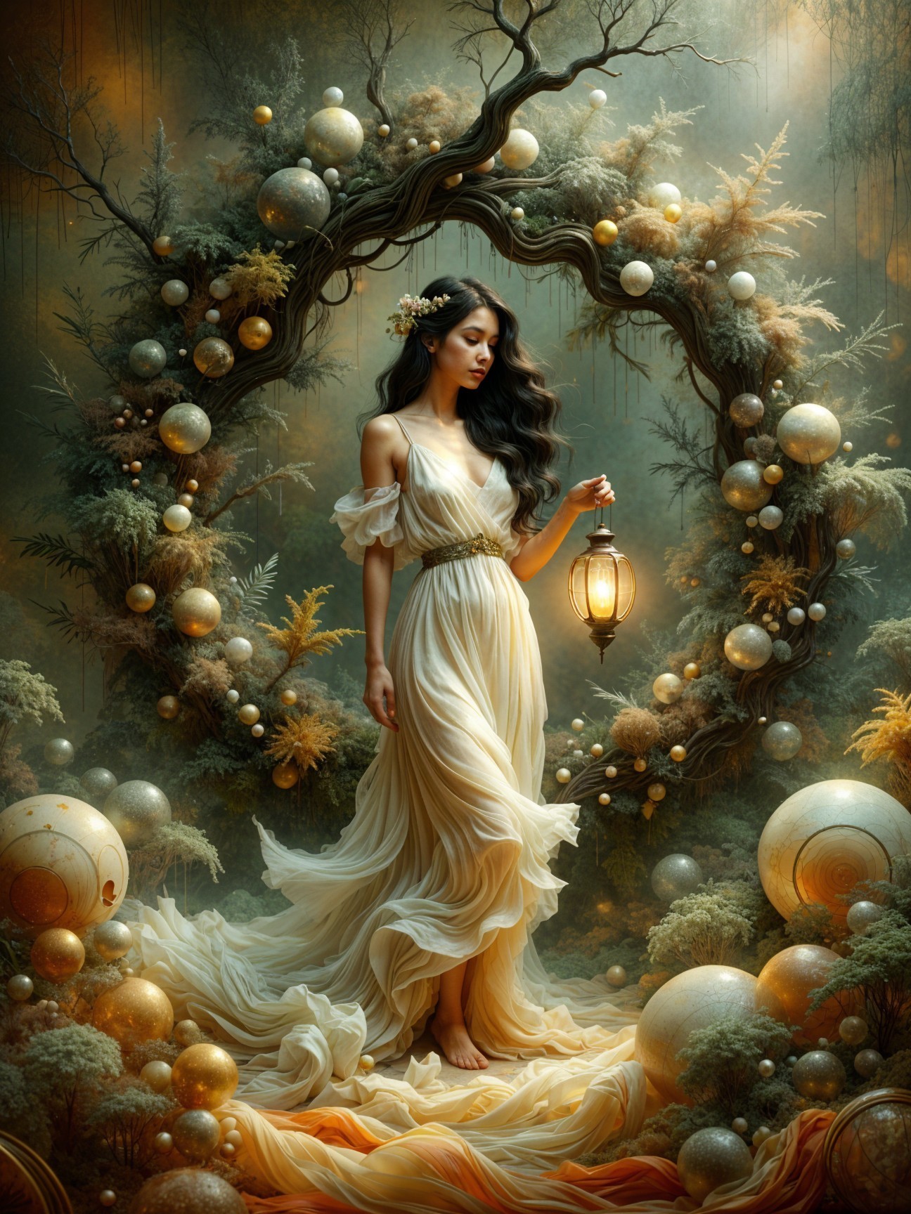 Serene figure in ethereal setting with glowing lantern