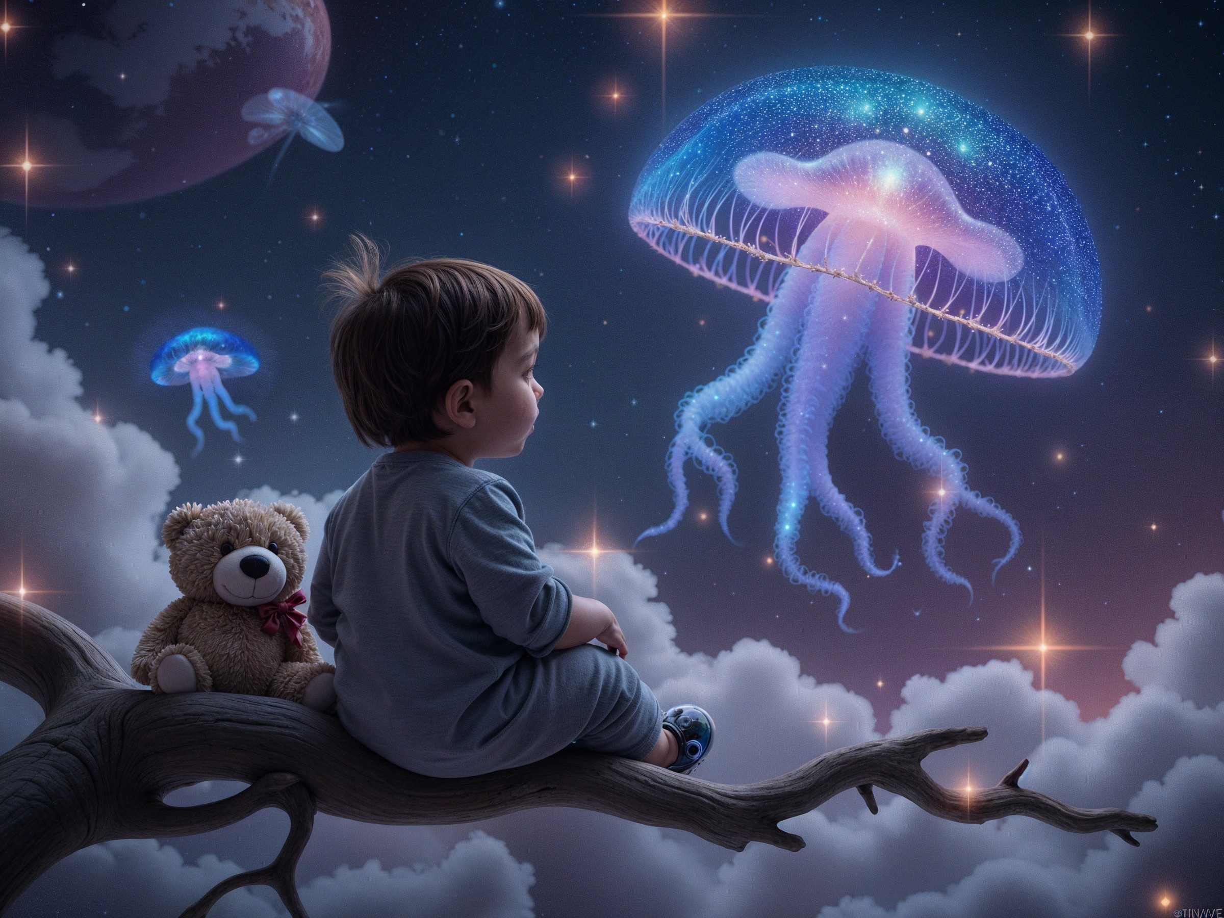 Child on Tree Branch Observing Glowing Jellyfish