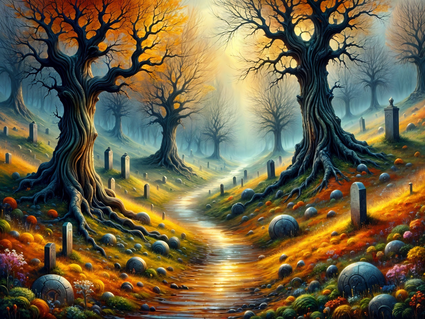 Mystical Autumn Landscape with Twisted Trees and Orbs