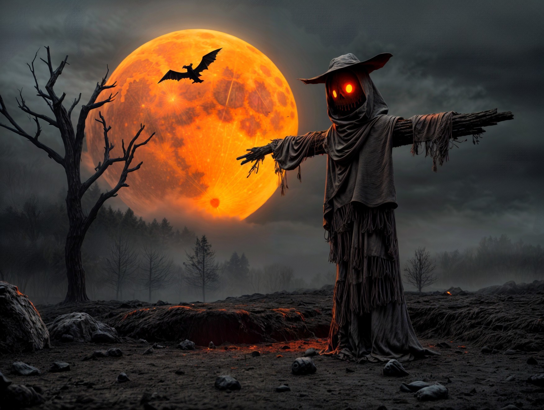 Eerie Landscape with Full Moon and Scarecrow