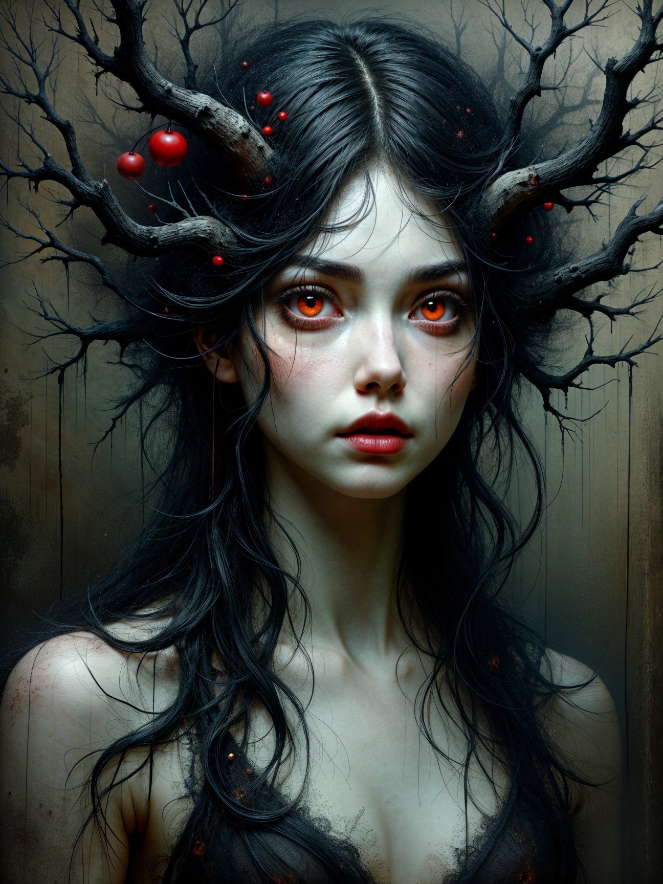 Mystical Figure with Dark Hair and Orange Eyes