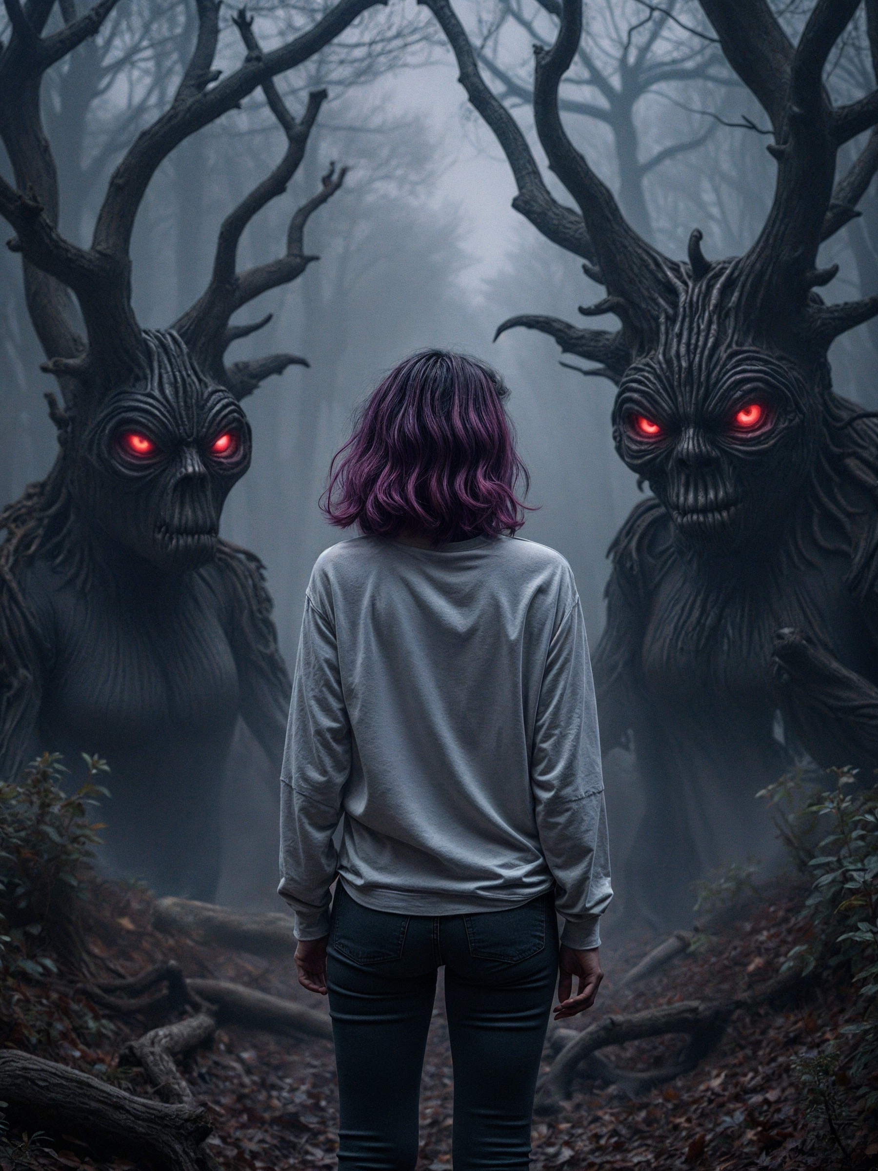 Misty Forest with Ominous Tree Figures and Fog