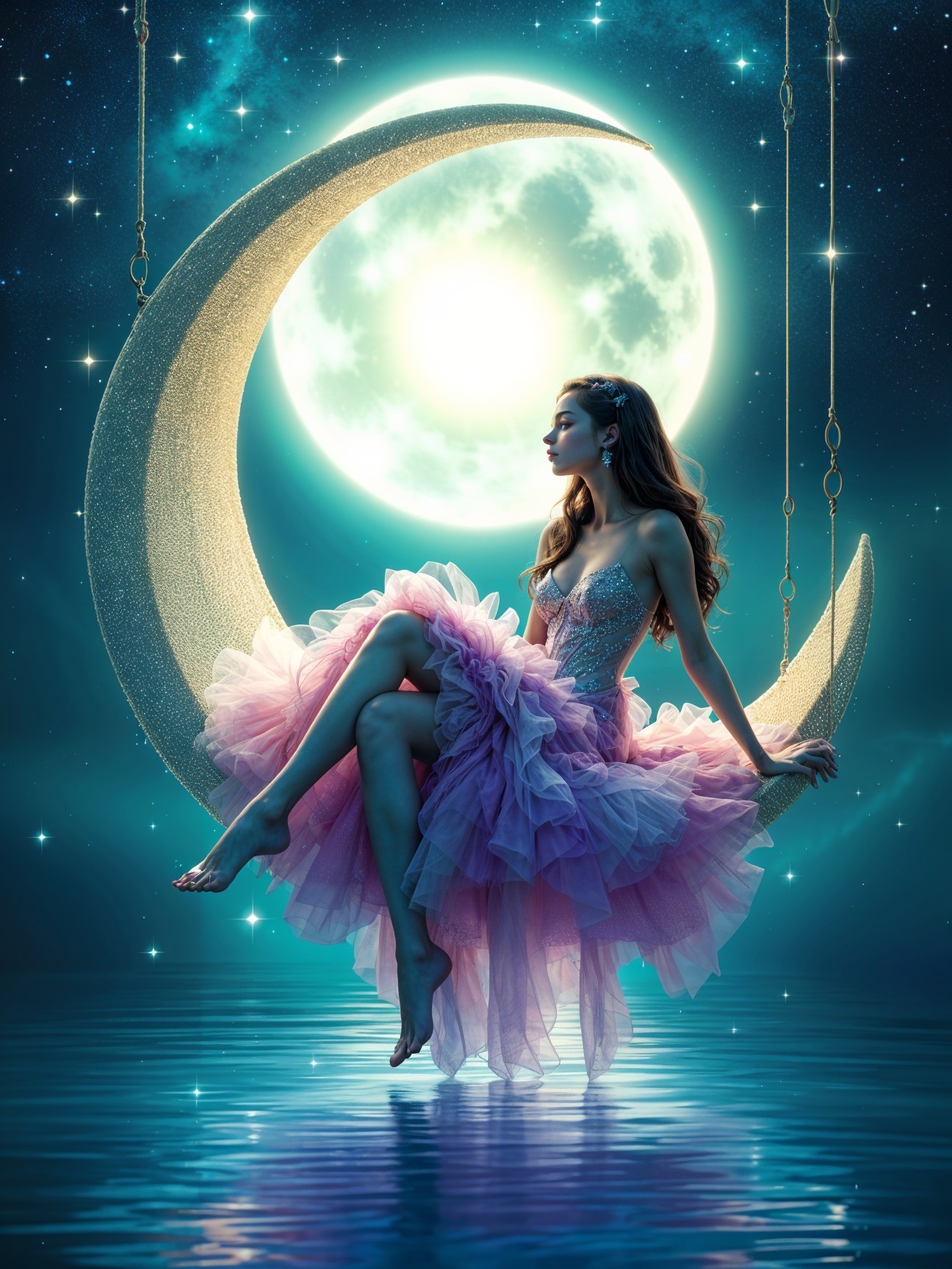 Graceful figure on crescent moon over serene water