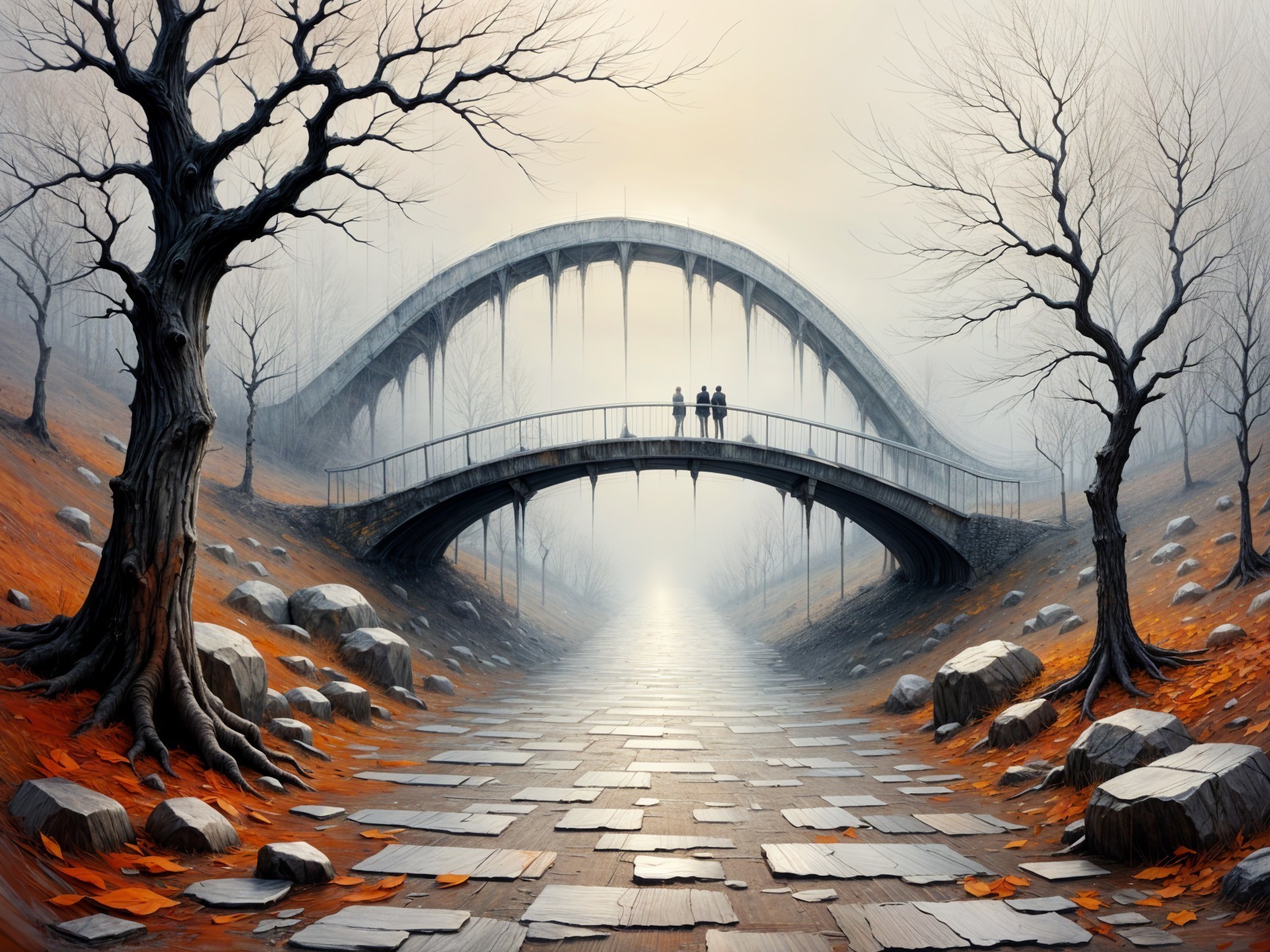 Foggy Landscape with Arched Bridge and Autumn Leaves