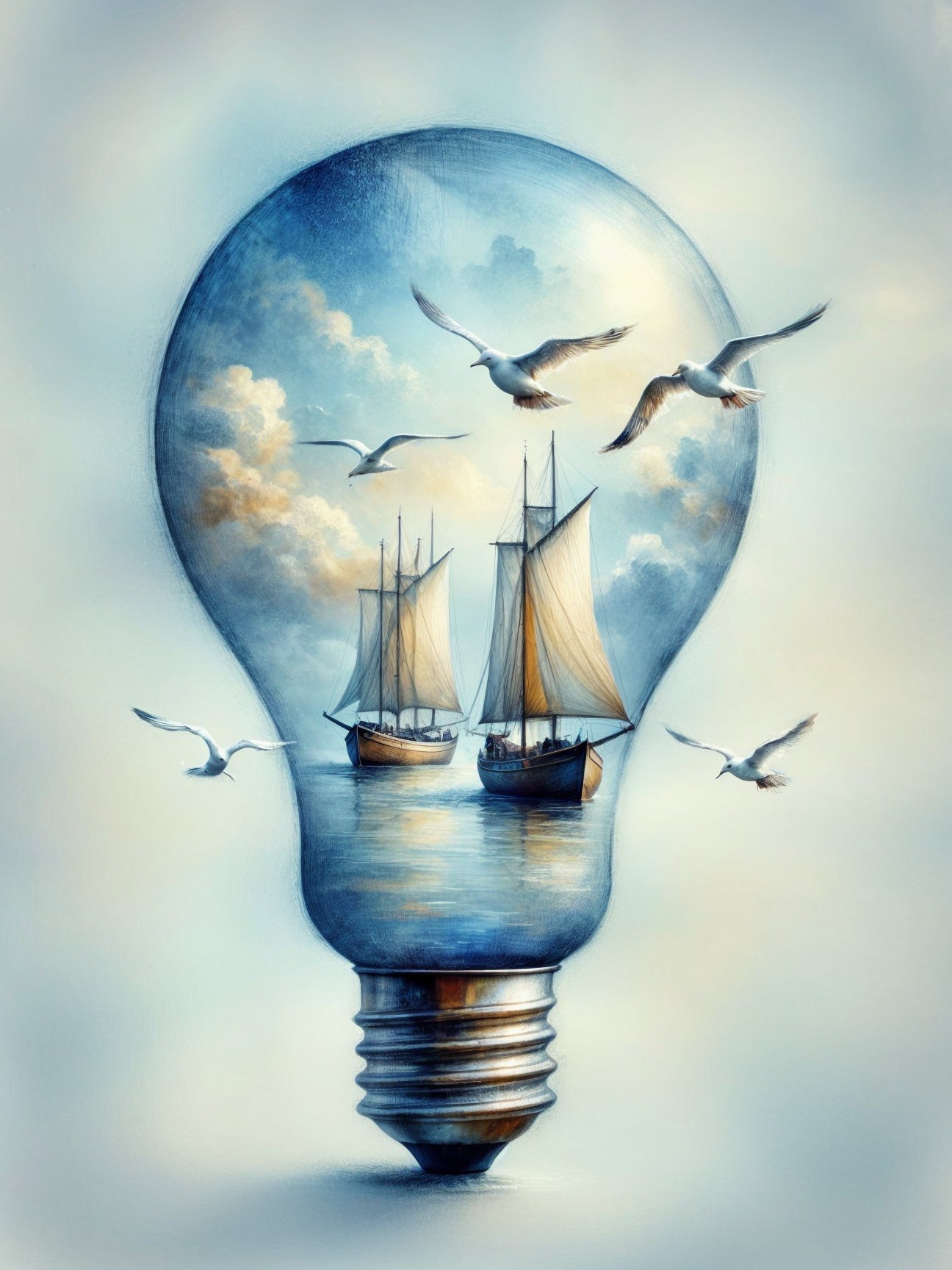 Light Bulb with Serene Seascape and Sailboats