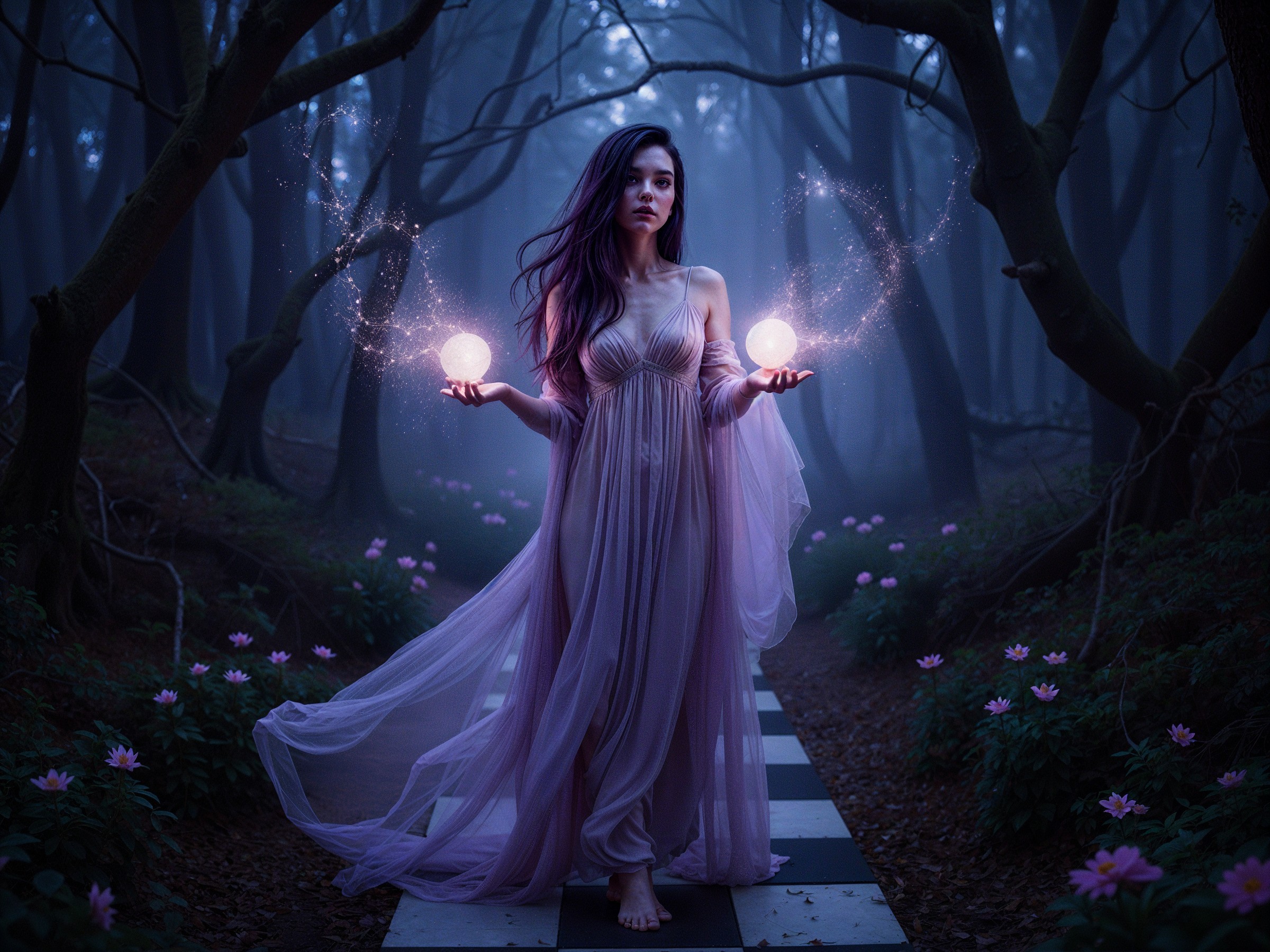 Mystical Figure in Enchanted Forest with Glowing Orbs