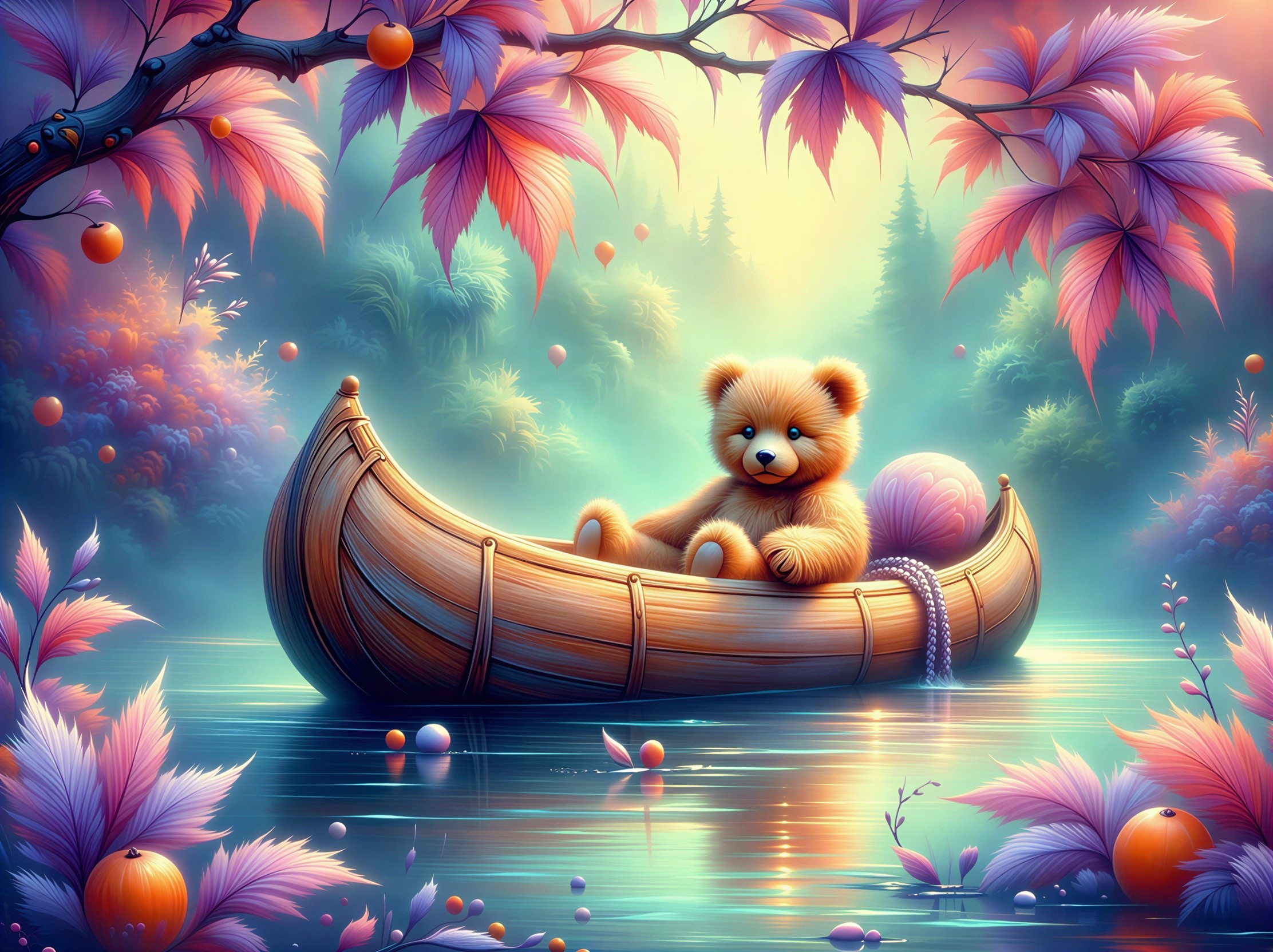 Teddy Bear in Canoe on Shimmering Water Scene