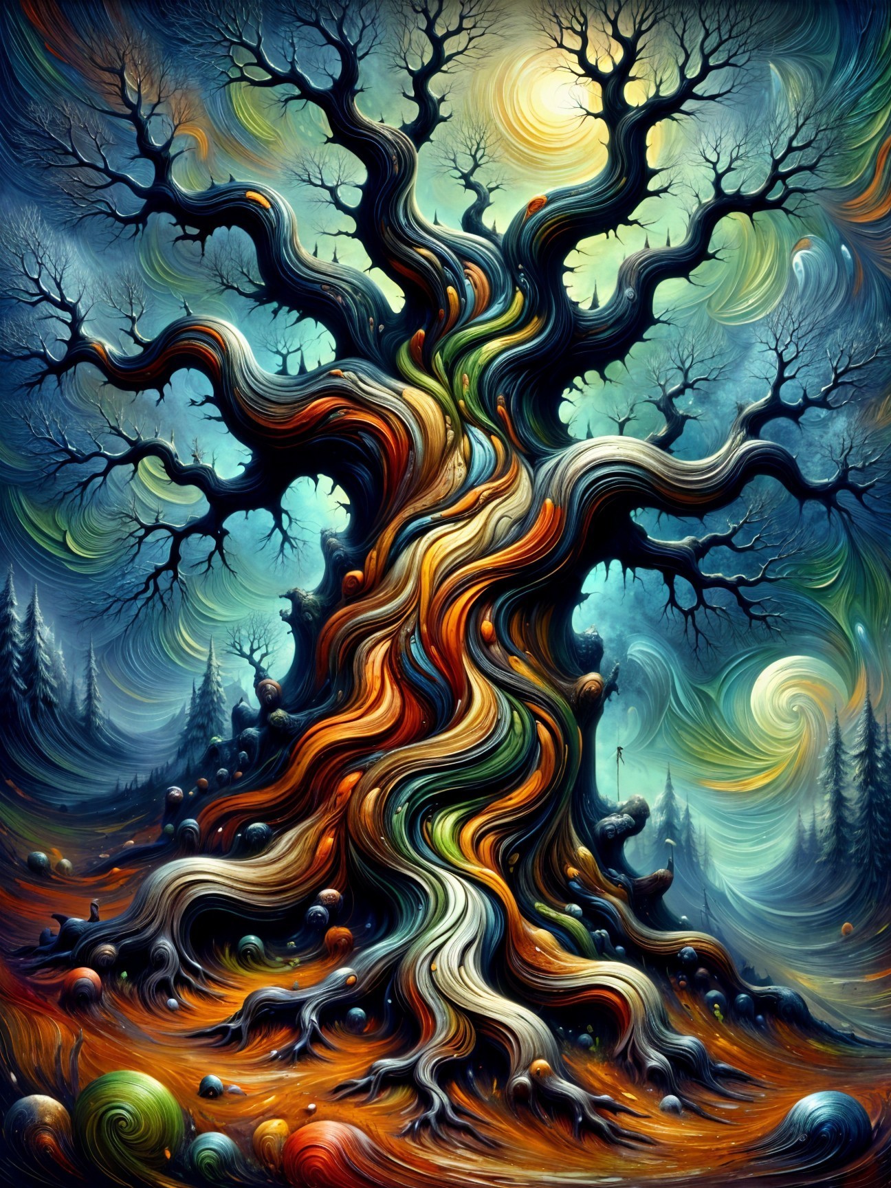 Vibrant Tree Against Surreal Dreamlike Background