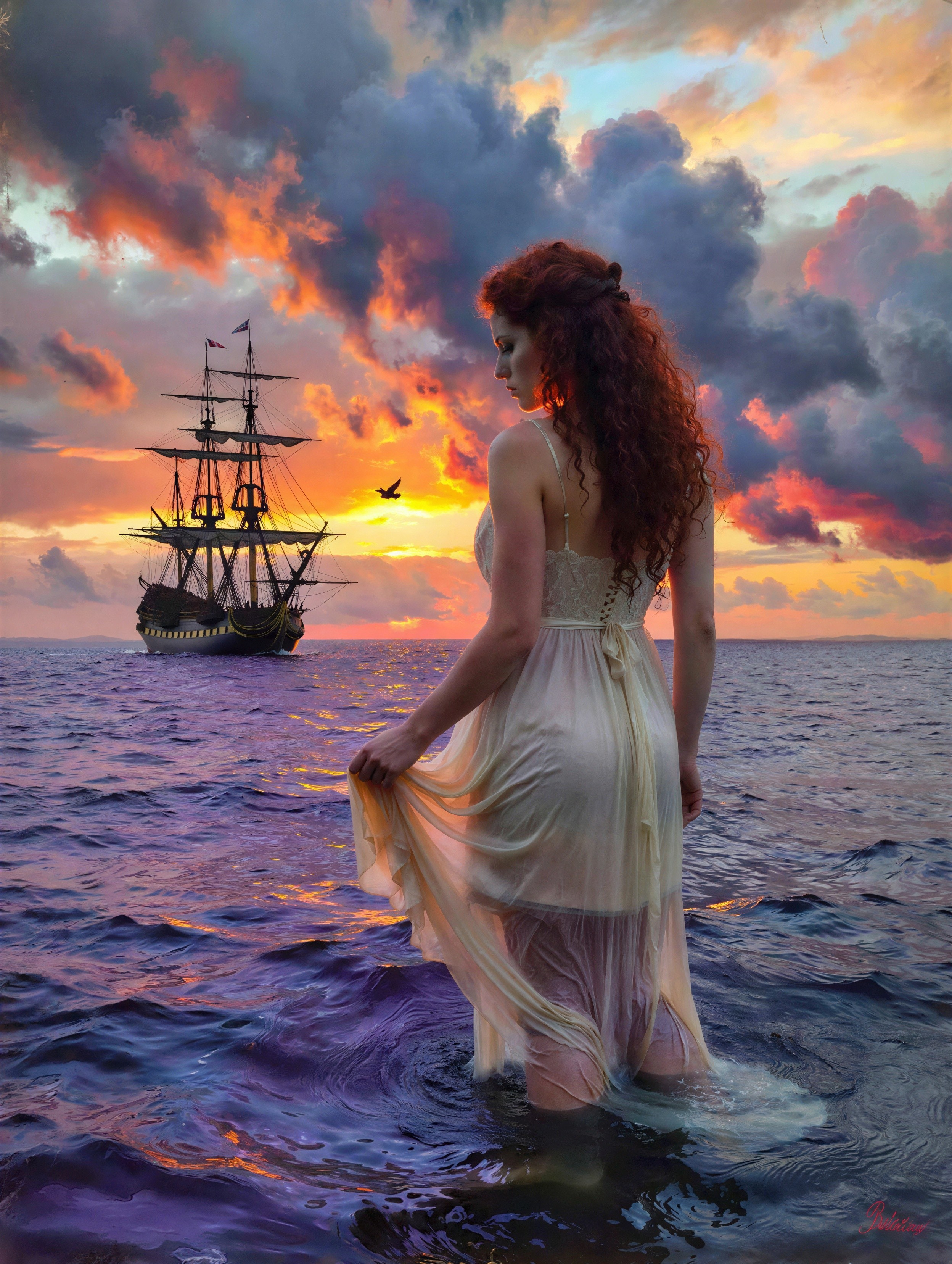 Woman in Sheer Dress Standing in Ocean with Ship