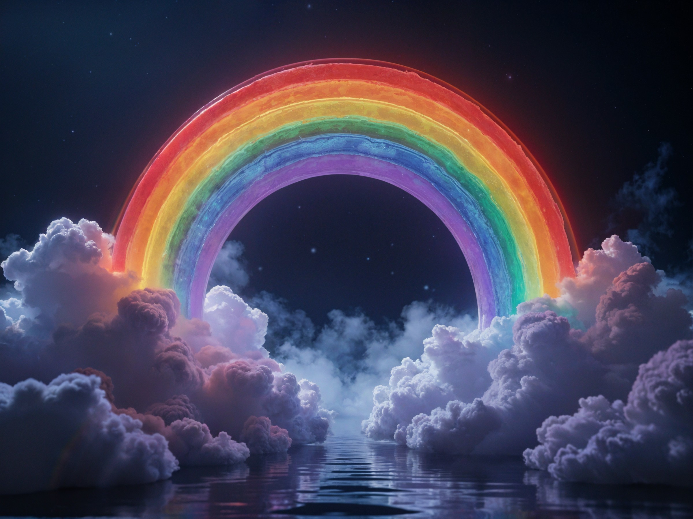 Rainbow Over Water with Starry Sky and Clouds