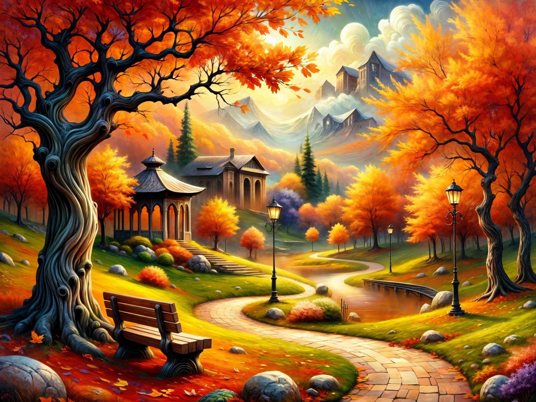Vibrant Autumn Landscape with Gazebo and Mountains